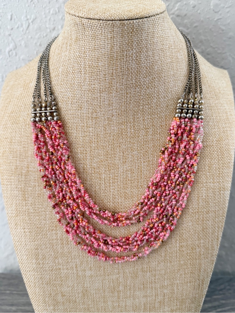 Multi Layered Seed Bead Silver Tone Boho Necklace